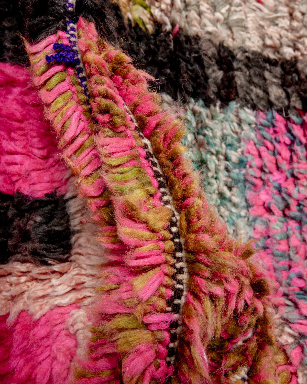 Modern, designer, handcrafted Berber rug from Morocco. Vintage carpet with beautiful colours and patterns and fluffy texture.